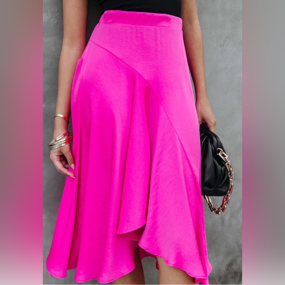 💕💕NWOT VICI Palmer Satin Ruffle Midi Skirt Hot Pink XL 💕💕 - Picture 4 of 10